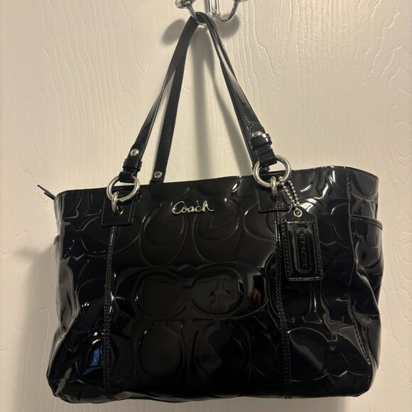 Coach F17728 Patent Leather Gallery Tote Black Embossed Signature Shoulder Bag - Picture 10 of 10